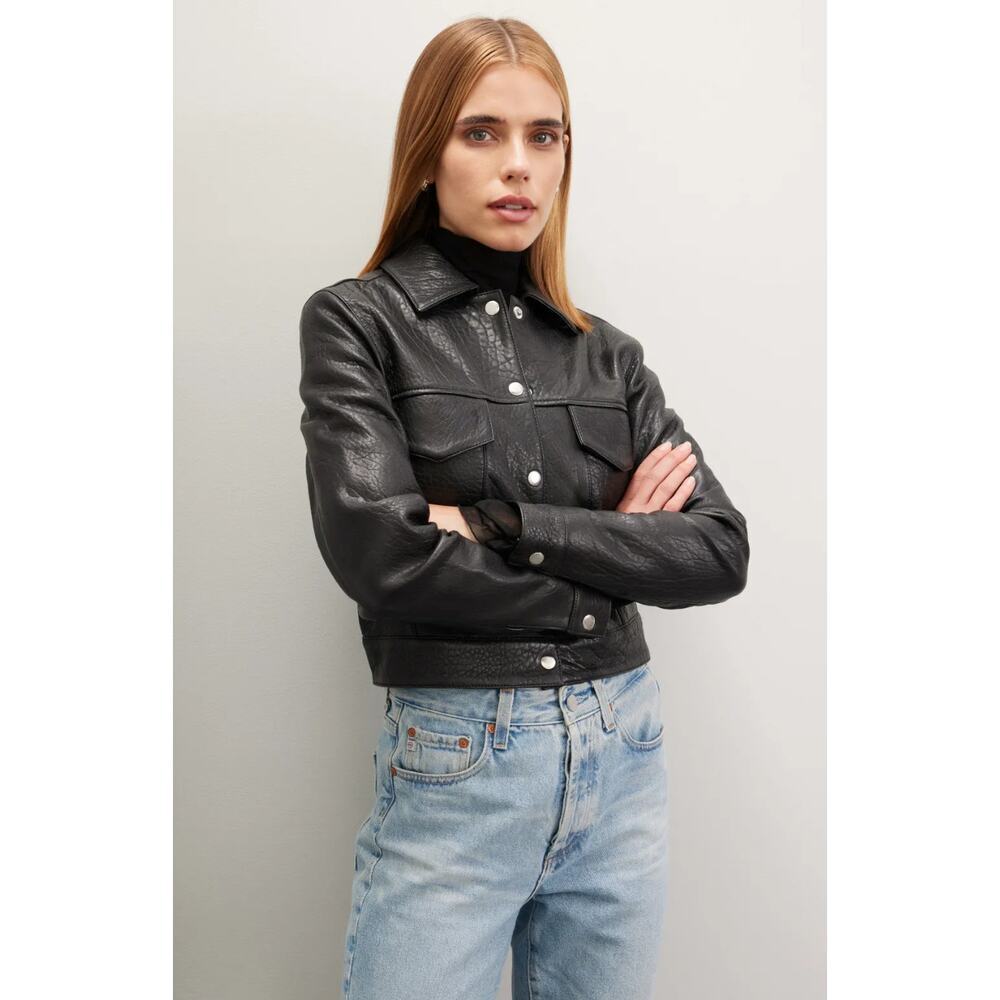 VEDA Black Leather Jean Jacket